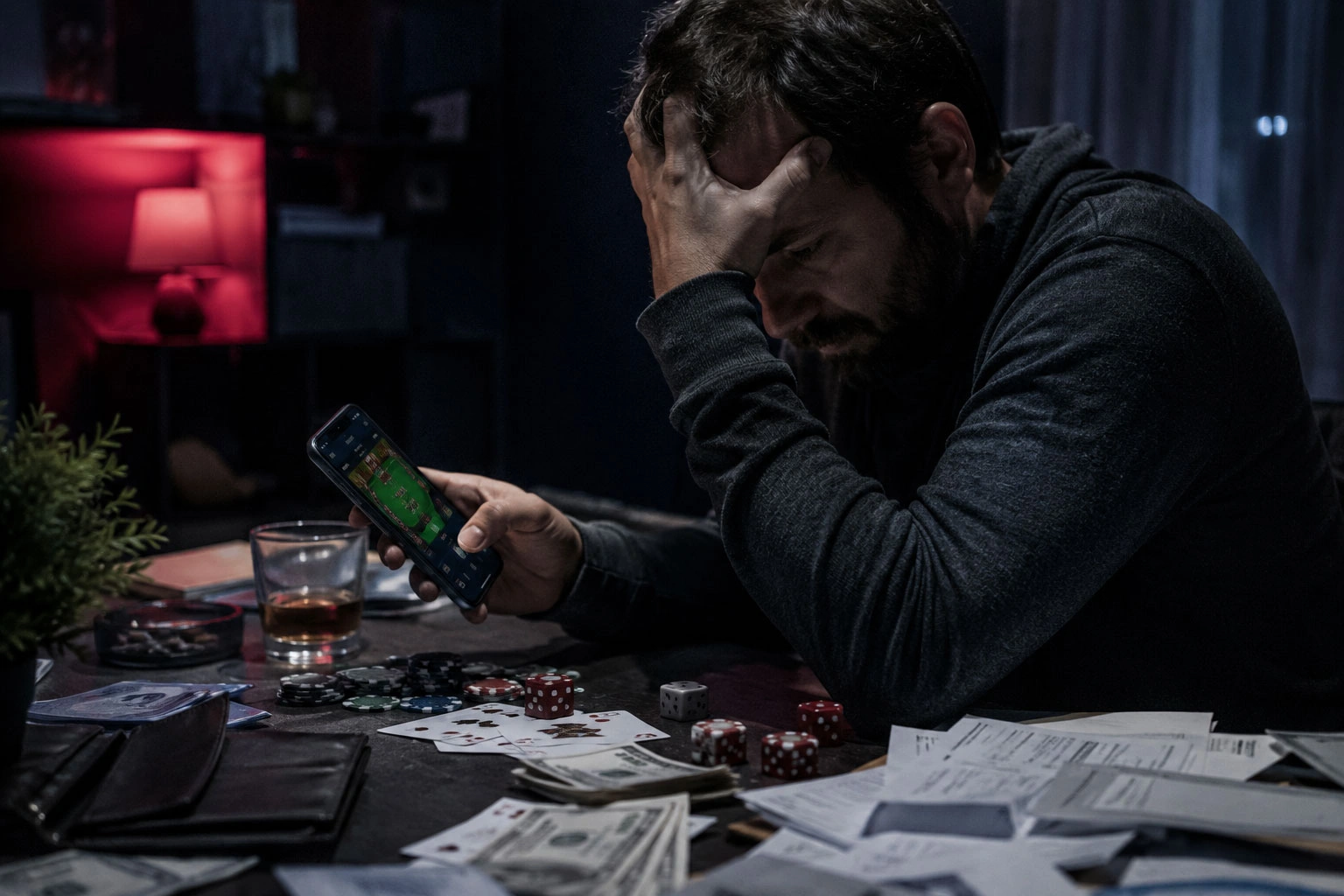 Bărbat stresat stă noaptea la masă cu telefonul în mână, lângă cărți de joc, zaruri, jetoane și facturi, ilustrând riscul dependenței de jocuri de noroc.
