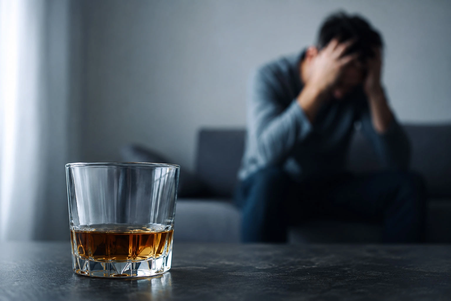 Pahar cu alcool pe masă, iar în tle o persoană stă aplecată cu głowa w dłoniach, sugerując negatywny wpływ alkoholu na organizm.