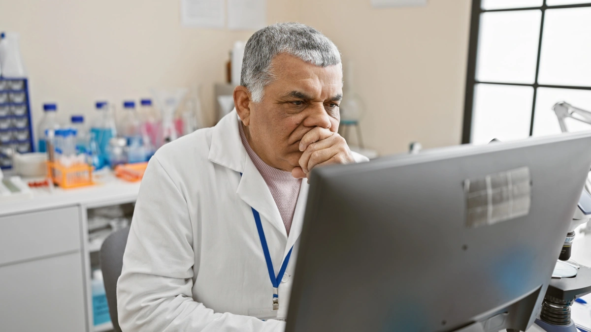 medical researcher analyzing data computer