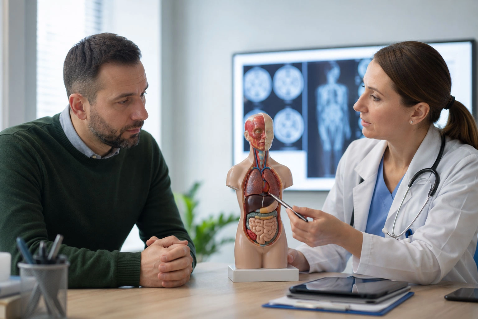 Medic explicând unui pacient efectele drogurilor asupra organelor interne, folosind un model anatomic al corpului uman