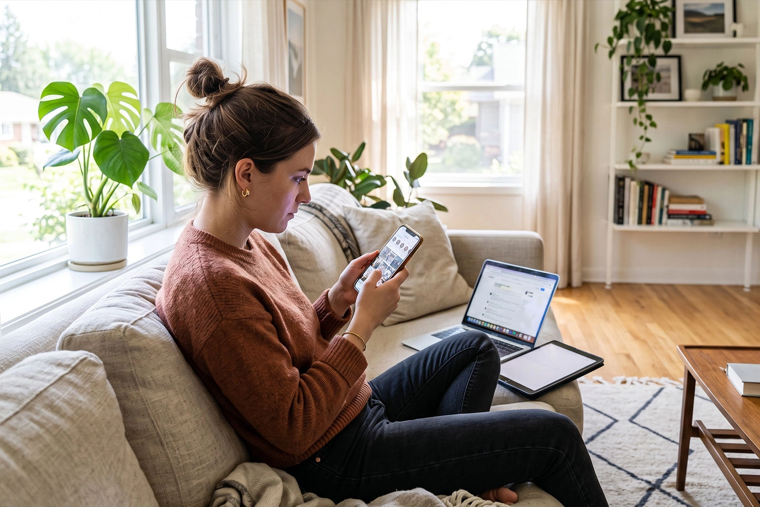 O tânără femeie stă pe o canapea într-un living luminos și modern, fiind complet absorbită de ecranul smartphone-ului pe care îl ține în mâini. Lângă ea, pe canapea, se află un laptop deschis și o tabletă, sugerând utilizarea simultană a mai multor dispozitive și dependența de tehnologie într-un cadru cotidian.