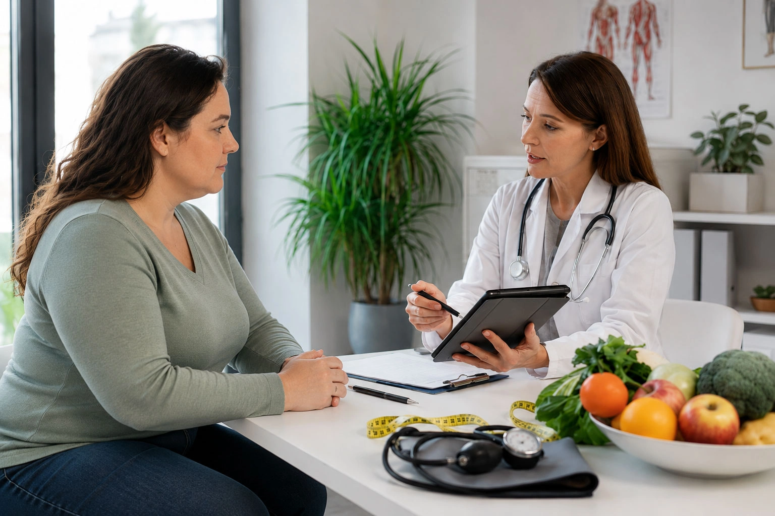 Pacientă discută cu medicul în timpul unei consultații despre greutate, sănătate metabolică și prevenirea efectelor obezității, cu tensiometru, bandă de măsurare și alimente sănătoase pe masă.