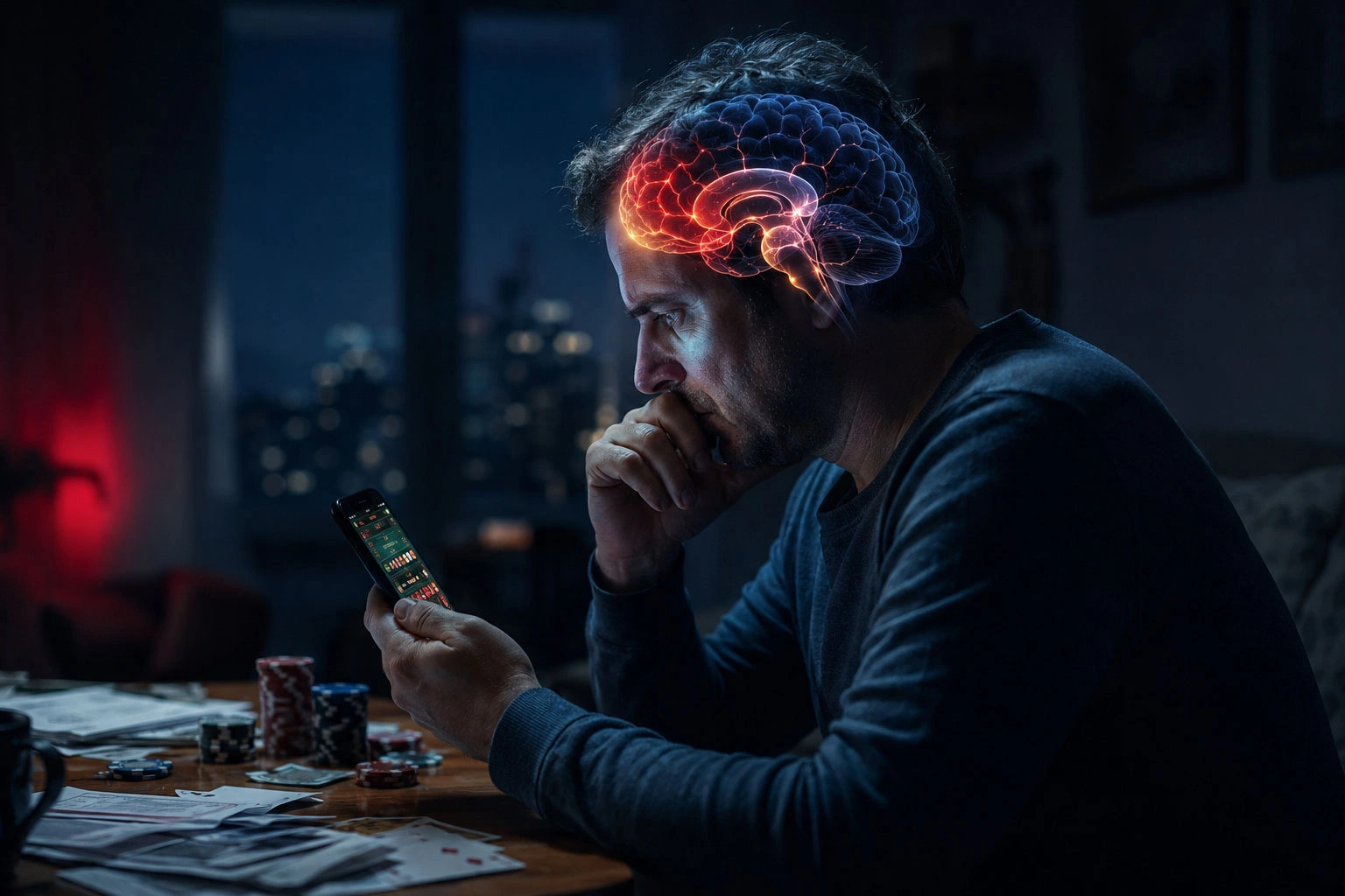Bărbat concentrat privește un telefon cu aplicație de jocuri de noroc, iar deasupra capului apare o reprezentare luminoasă a creierului, sugerând sistemul de recompensă și neurobiologia dependenței de jocurile de noroc.